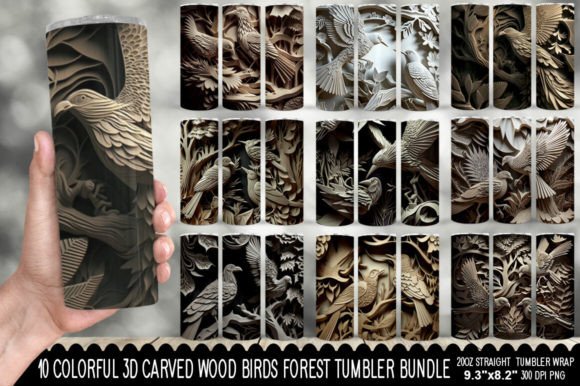 Carved Wood Birds Forest Tumbler Bundle: Nature-Inspired Digital Art